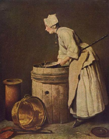 Jean Simeon Chardin Frau, Geschirr scheuernd oil painting picture